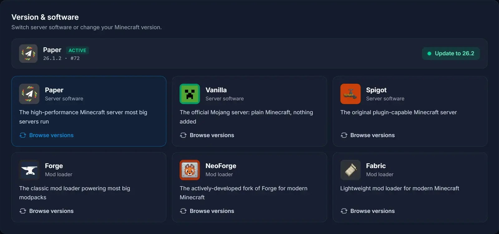 DoomHosting panelens versionshanterare byter Minecraft serverprogramvara